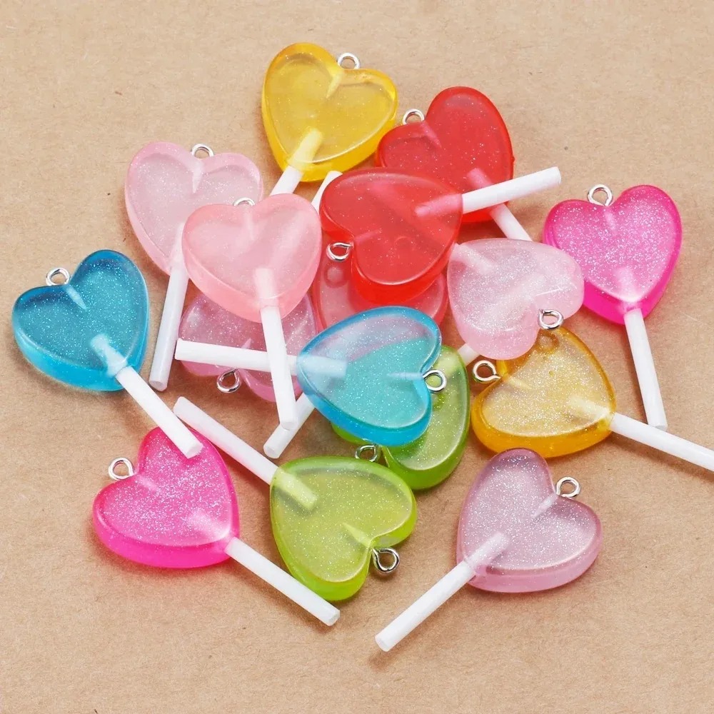 Resin Craft Projects - 10 Stück Kawaii Glitzernde Herz-Lollipop-Harzanhänger, Glitzer-Bonbon-Anhänger,
